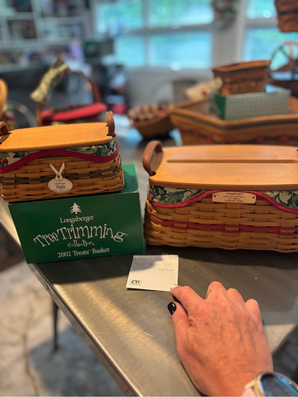 Longaberger Brown Basket Set with Red Trim and Wooden Lids